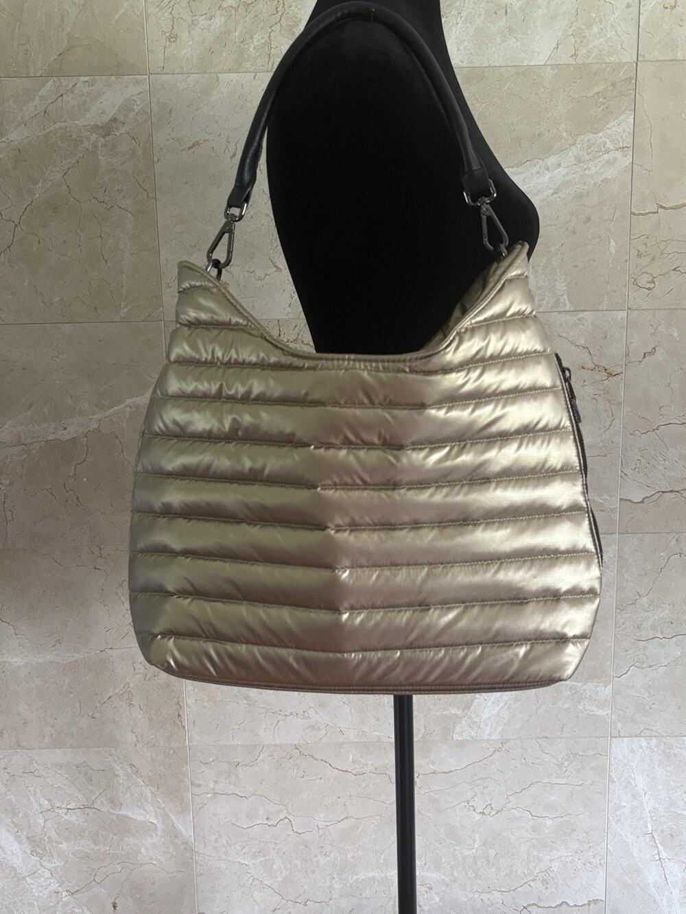 Think Royln Beverly Hobo Shoulder Bag — Gold Metallic Quilted Puffer Gym, Travel